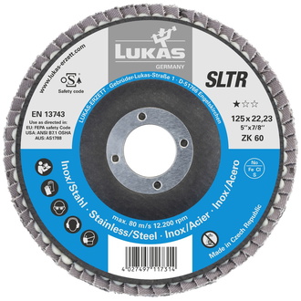 LUKAS Fächerschleifscheibe SLTR universal Ø 125 mm Zirkonkorund Korn 60, schräg, BASE-X