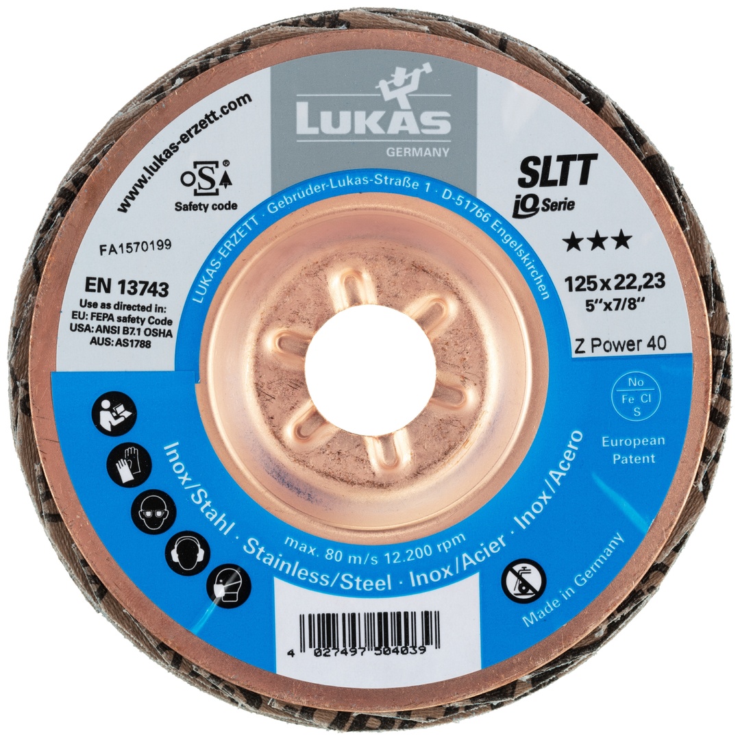 LUKAS-ERZETT LUKAS Fächerschleifscheibe SLTT universal Ø 125 mm Zirkonkorund (mit schleifaktiver Deckbindung) Korn 40, flach