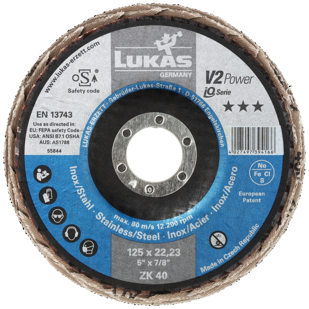 LUKAS-ERZETT LUKAS Fächerschleifscheibe V2 POWER universal Ø 125 mm Zirkonkorund Korn 40 schräg