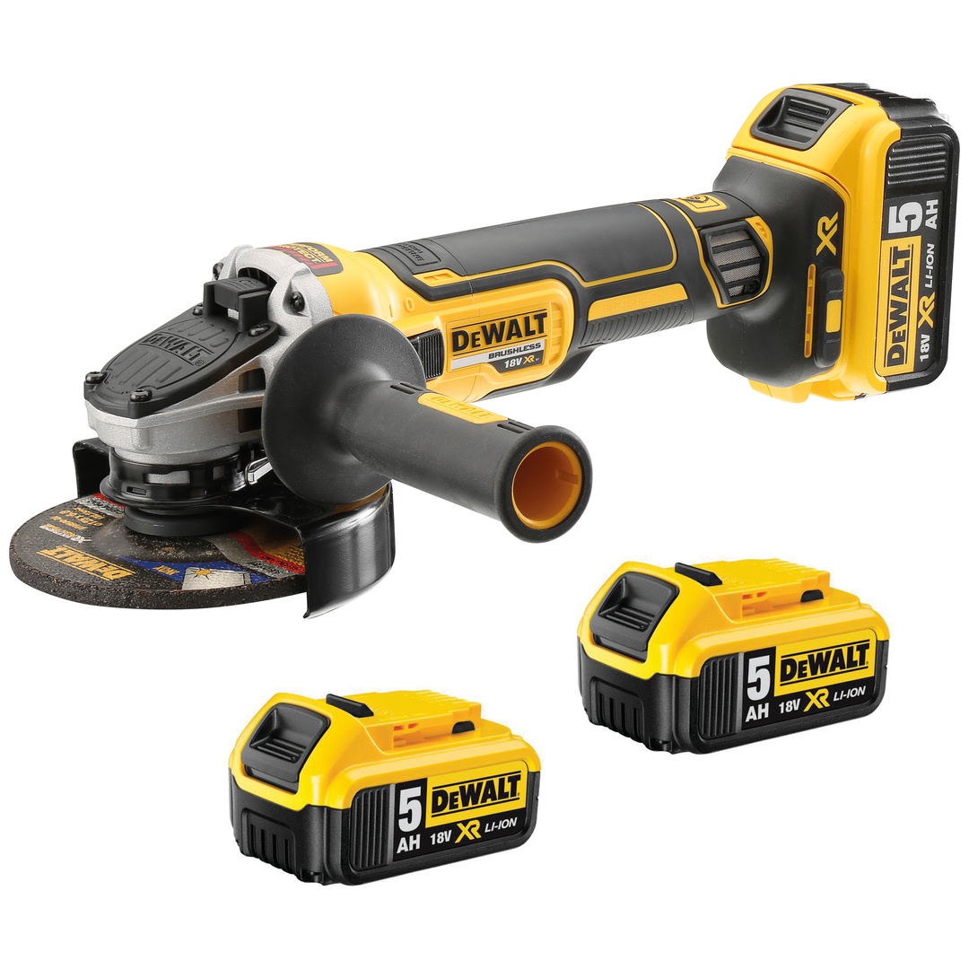 DeWalt Akku-Winkelschleifer 18 V, 125 mm (bürstenlos), incl. 3x Akku 5 Ah, Schnellladegerät, Zubehör, TSTAK-Box II