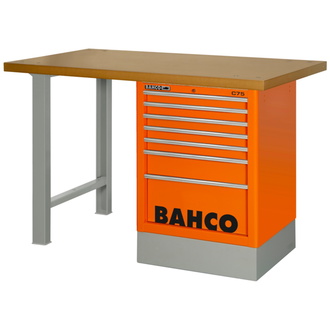 Bahco Robuste Werkbank aus MDF mit Schubladenschrank, 6 Schubladen und zwei Beinen, schwarz, 1500 mm x 750 mm x 1030 mm