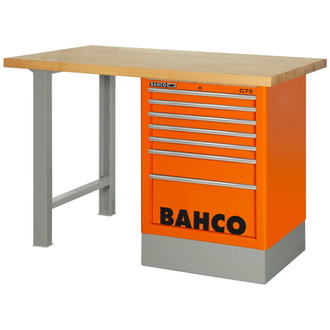 Bahco Robuste Werkbank mit Schubladenschrank, 6 Schubladen, Holz-Arbeits/-Ablageplatte und zwei Beinen, orange, 1500 mm x 750 mm x 1030 mm