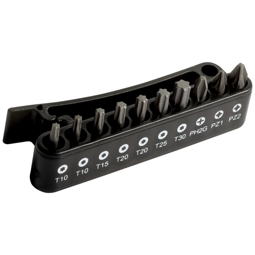Bahco 1/4 Bit Satz für Phillips-, Pozidriv- und TX-Schrauben im Kunststoffhalter mit Gürtel-Clips - 10-tlg.