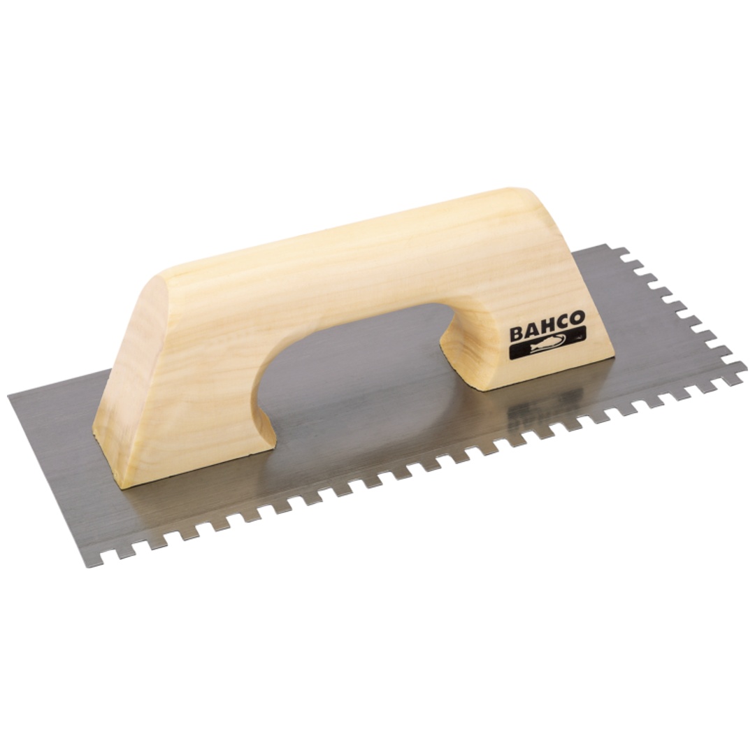 Bahco Glättkelle mit dreiecksförmig gezahnter Kohlenstoffstahl-Klinge und Holzgriff, 280 x 130 mm