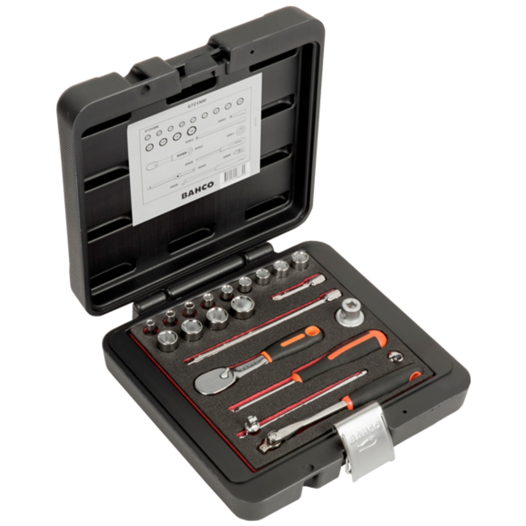 Bahco 1/4 Steckschlüssel-Satz, metrisch, Sechskantprofil, inklusive birnenförmiger Umschaltknarre/Adapter - 21-tlg.