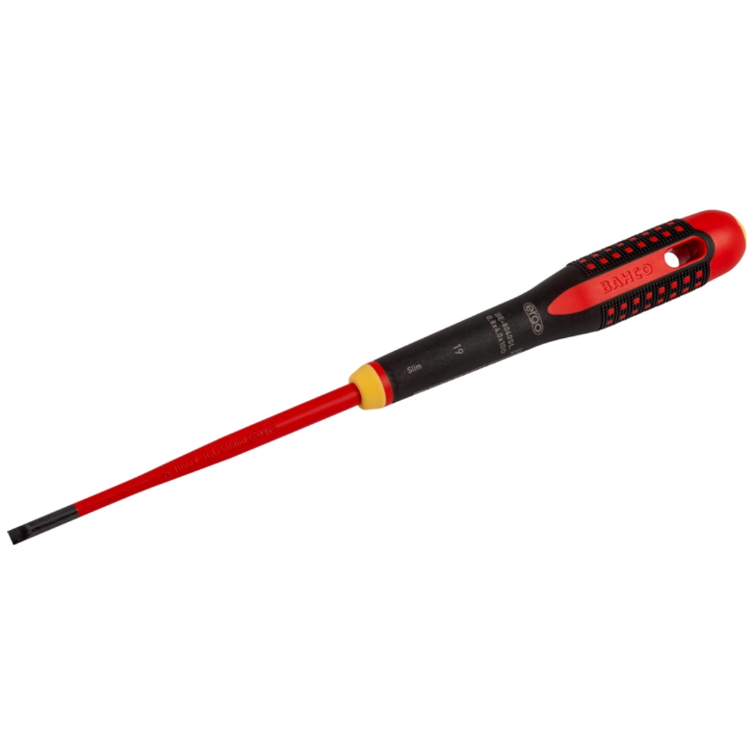 Bahco ERGO Isolierter Schraubendreher für Schlitzschrauben mit 3-Komponenten-Griff, VDE-zertifiziert, Slim-Klinge 1.2 mm x 6.5 mm x 150 mm