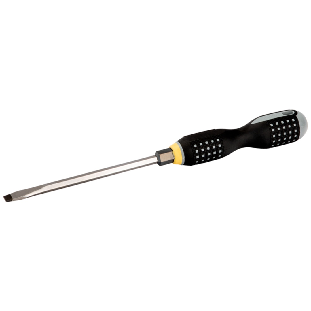 Bahco ERGO Schraubendreher für Schlitzschrauben mit Sechskantschaft und -ansatz, mit 3-Komponenten-Griff, 2,5 mm x 14 mm x 200 mm, Grifflänge 161 mm