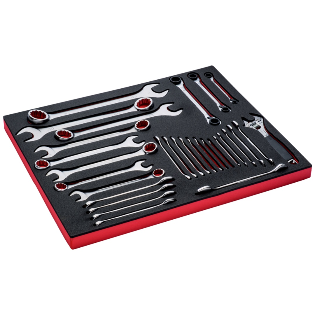 Bahco Fit&Go 3/3 Schaumstoffeinlage, Satz mit Rollgabelschlüssel, Ring-Maulschlüssel und Doppelmaulschlüssel - 30-tlg.