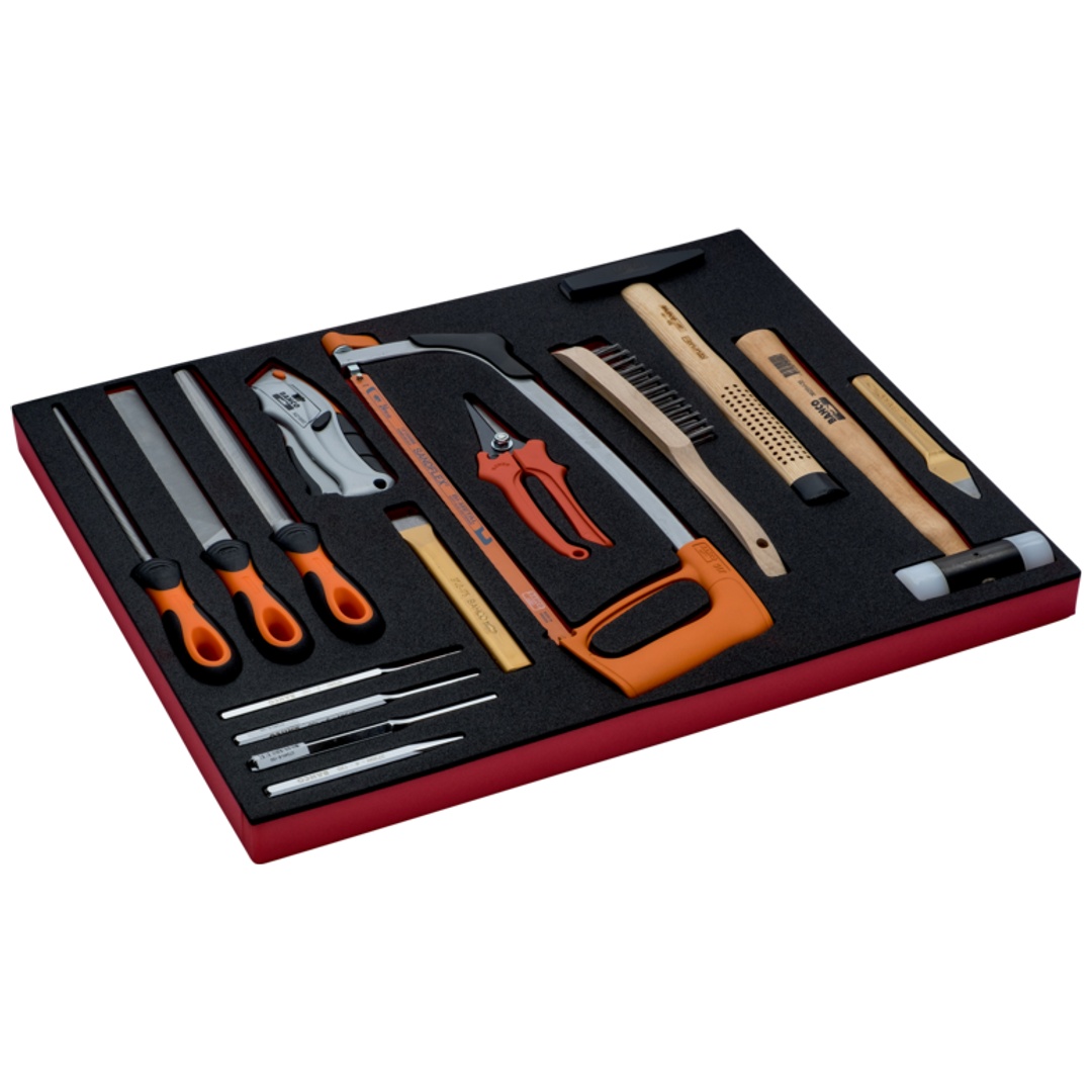 Bahco Fit&Go 3/3 Schaumstoffeinlage mit Werkzeugsatz Feile, Schlagwerkzeuge und Metallsägebogen - 15-tlg.