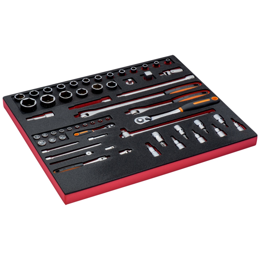 Bahco Fit&Go 3/3 Schaumstoffeinlage Satz Steckschlüssel-Einsätze und Umschaltknarre mit rundem Kopf - 59-tlg.