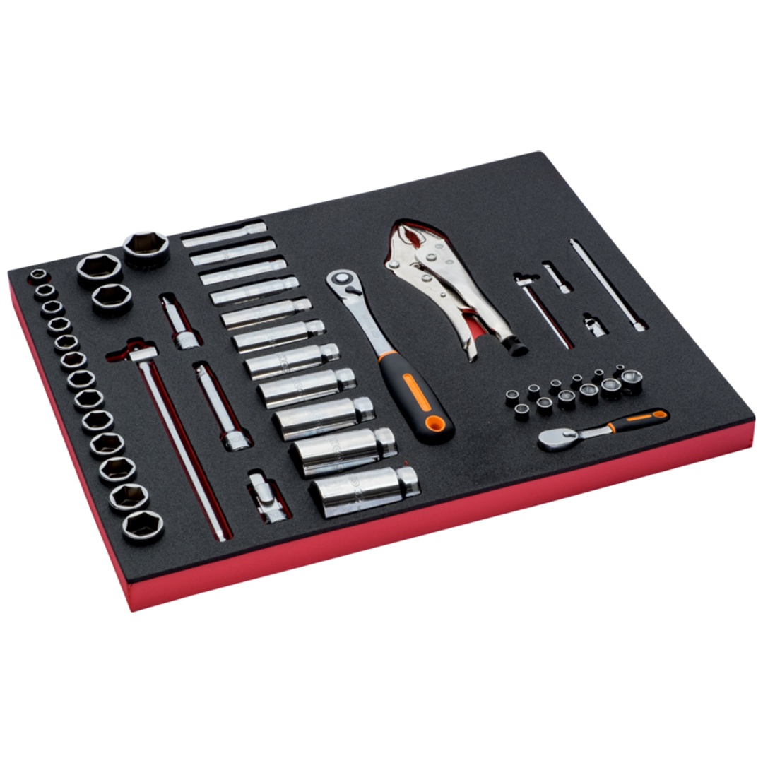 Bahco Fit&Go 3/3 Schaumstoffeinlage Satz Steckschlüssel-Einsätze und Umschaltknarre mit rundem Kopf - 50-tlg.