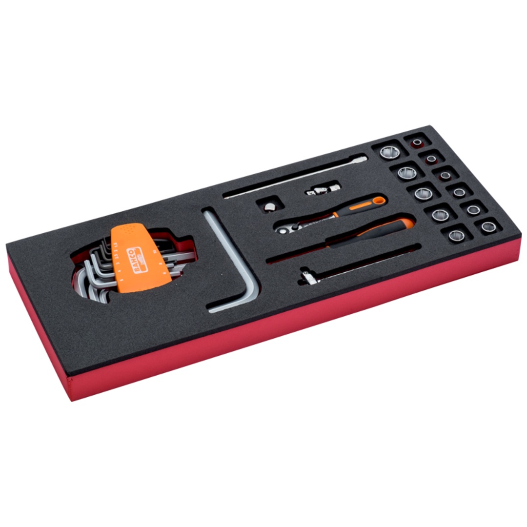 Bahco Fit&Go 1/3 Einlage mit 1/4-Steckschlüssel-Einsätzen und birnenförmigen Knarren - 19-tlg.