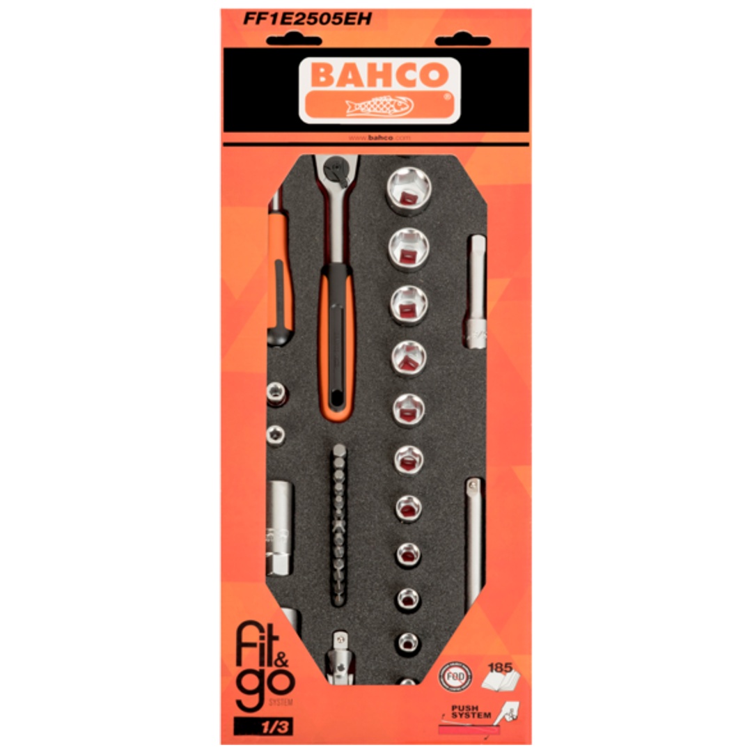 Bahco Fit&Go 1/3 Schaumstoffeinlage mit Satz 1/4- und 3/8-Steckschlüsseleinsätze - 34-tlg.