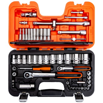 Bahco 1/4"- und 1/2"-Steckschlüssel-Satz, metrisch, Doppelsechskant, inklusive Umschaltknarre mit schlankem Knarrenkopf - 56-tlg.