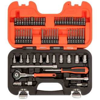 Bahco Satz 1/4"-Steckschlüsseleinsätze, metrisch, Sechskantprofil, Vierkantantrieb, inklusive Gelenkkopfknarre - 65-tlg.