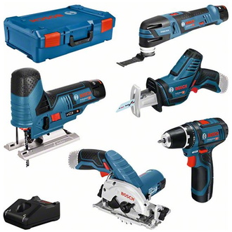 Bosch 5er Werkzeug-Set 12V + 3 x Akku GBA12V 3Ah + Ladegerät GAL12V-20 + XL-BOXX