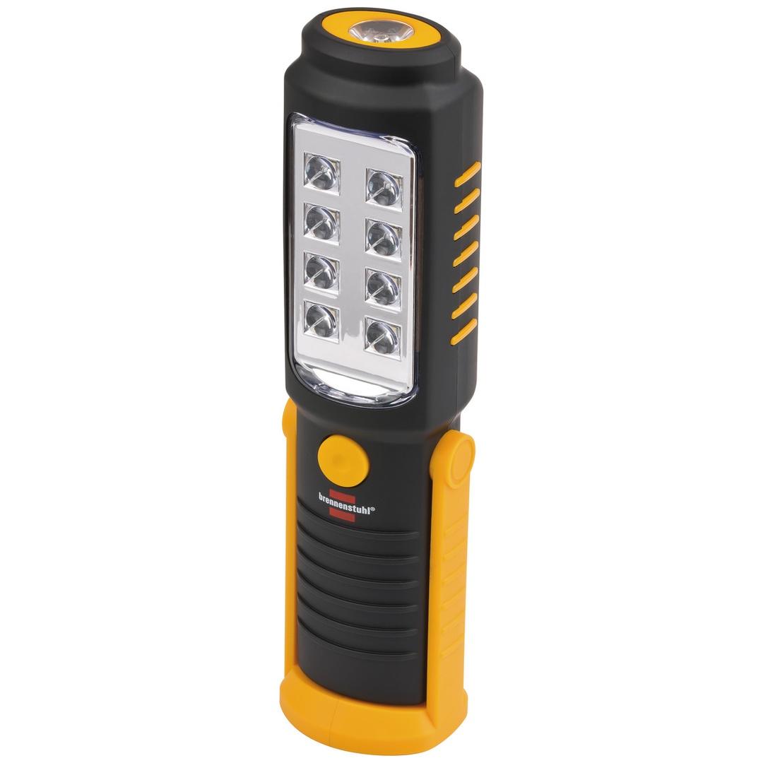 Brennenstuhl LED Taschenlampe mit Batterie / SMD LED Handleuchte mit 8 + 1 hellen SMD-LEDs (max. 10 Stunden Leuchtdauer, drehbarer Haken, Magnet) schw